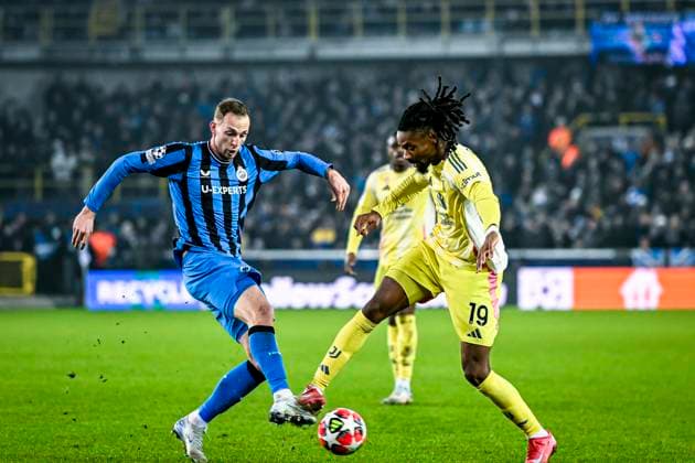 Club Brugge forwarder Gustaf Nilsson, Juventus midfielder Khephren, during the match Club Brugge Juventus at the Jan Beydelstadium for the UEFA Champions League League phase Matchday 7 season 2024 2025 in BRUGGE, Belgium on 21 januari 2025, photo by Stefan Koops EYE4images DeFodi Images Defodi 746 209703 Defodi-746