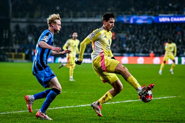 Club Brugge defender Joaquin Seys, Juventus forwarder Kenan Yildiz, during the match Club Brugge Juventus at the Jan Beydelstadium for the UEFA Champions League League phase Matchday 7 season 2024 2025 in BRUGGE, Belgium on 21 januari 2025, photo by Stefan Koops EYE4images DeFodi Images Defodi 746 209704 Defodi-746