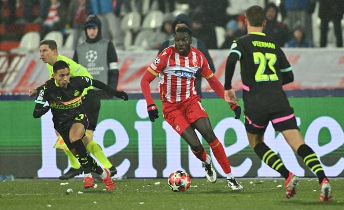 CRVENA ZVEZDA vs PSV EINDHOVEN SILAS KATOMPA MVUMPA, football player of Crvena zvezda, during the UEFA Champion League match against PSV Eindhoven, at Stadium Rajko Mitic. Belgrade, 21.01.2025. photo: MN Press FOOTBALL, CRVENA ZVEZDA, RED STAR, UEFA CHAMPIONS LEAGUE, PSV EINDHOVEN Belgrade Rajko Mitic stadium Serbia Copyright: xMarkoxMetlasx xMNxPressx