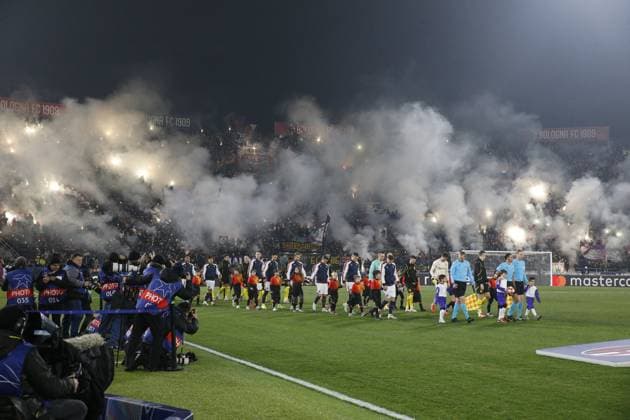 CALCIO - UEFA Champions League - Bologna FC vs Borussia Dortmund Teams entering the pitch during the IUefa Champions League, 2024 25 season, football match between Bologna FC 1909 and Borussia Dortmund on 21 January 2025 at Renato Dallâ??Ara Stadium, Bologna, Italy. Photo Nderim Kaceli Bologna Italy  Copyright: xIPAxSport ABACAx