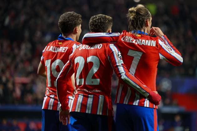 January 21, 2025, Madrid, Spain: Antoine Griezmann (7), Giuliano Simeone (22) and Julian Alvarez (19) celebrate a goal during the UEFA Champions League Week 7 football match between Atletico Madrid and Bayer Leverkusen in Madrid. Final Score: Atletico de Madrid 2:1 Bayer Leverkusen Madrid Spain - ZUMAs197 20250121_aaa_s197_244 Copyright: xDavidxCanalesx