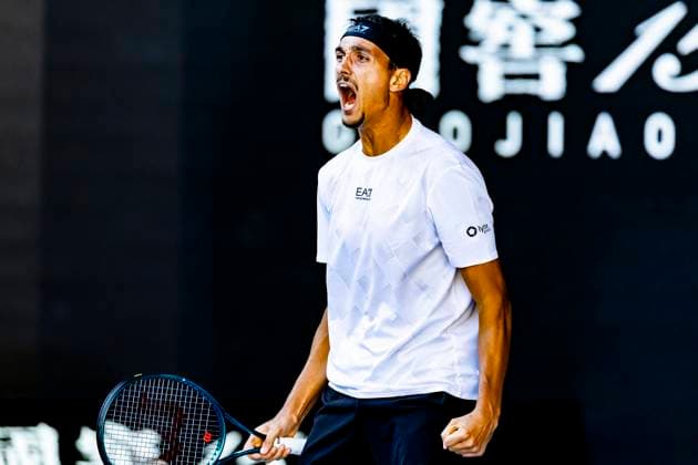 MELBOURNE, VIC - JANUARY 22: Lorenzo Sonego of Italy celebrates during the Quarterfinals of the 2025 Australian Open on January 22 2025, at Melbourne Park in Melbourne, Australia. (Photo by Jason Heidrich Icon Sportswire) TENNIS: JAN 22 Australian Open EDITORIAL USE ONLY Icon250122149