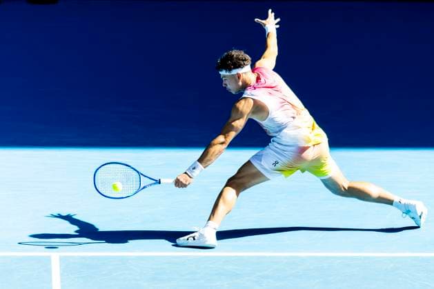 MELBOURNE, VIC - JANUARY 22: Ben Shelton of the United States of America in action during the Quarterfinals of the 2025 Australian Open on January 22 2025, at Melbourne Park in Melbourne, Australia. (Photo by Jason Heidrich Icon Sportswire) TENNIS: JAN 22 Australian Open EDITORIAL USE ONLY Icon250122151