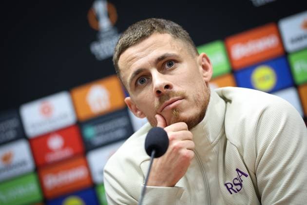 Anderlecht s Thorgan Hazard pictured during a press conference, PK, Pressekonferenz of Belgian soccer team RSC Anderlecht, Wednesday 22 January 2025 in Plzen, Czech Republic. Tomorrow, Anderlecht will play Czech Viktoria Plzen on day 7 8 of the group stage of the UEFA Europa League tournament. VIRGINIExLEFOUR  x110920771x