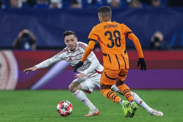 Soccer UEFA Champions League matchday 7 Shakhtar Donetsk Stade Brest on 22 01 2025 at the Arena AufSchalke in Gelsenkirchen Mathias Pereira Lage Brest , left Pedrinho Donetsk , right xJRx