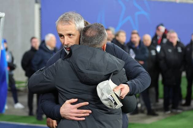 RB Leipzig Sporting Lisbon Champions League Leipzig, 22 01 2025, Red Bull Arena, Football, Men, Season 2024 2025, UEFA Champions League, Matchday 7 , RB Leipzig Sporting Lisbon , In the picture from left coach Marco Rose RB Leipzig and coach Rui Borges Sporting CP ,