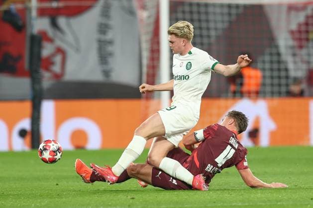 22 01 2025, xtgx, Football, UEFA Champions League, RB Leipzig Sporting Lisbon emspor, v l Conrad Harder Lisbon, 19 , Willi Orban Leipzig, 4 duel, duel, fight, tackle DFL DFB REGULATIONS PROHIBIT ANY USE OF PHOTOGRAPHS as IMAGE SEQUENCES and or QUASI VIDEO Leipzig