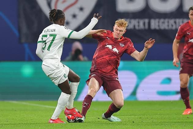 RB Leipzig Sporting Lisbon Champions League Leipzig, 22 01 2025, Red Bull Arena, Football, Men, Season 2024 2025, UEFA Champions League, Matchday 7 , RB Leipzig Sporting Lisbon , In the picture from l Geovany Quenda 57, Sporting and Nicolas Seiwald 13, RB Leipzig ,