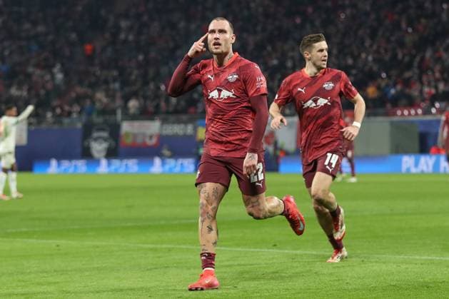22 01 2025, xtgx, Football, UEFA Champions League, RB Leipzig Sporting Lisbon emspor, v l David Raum Leipzig, 22 celebrates after his goal for 2 0, which is disallowed for offside DFL DFB REGULATIONS PROHIBIT ANY USE OF PHOTOGRAPHS as IMAGE SEQUENCES and or QUASI VIDEO Leipzig