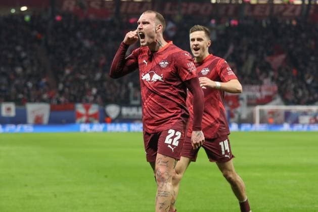 22 01 2025, xtgx, Football, UEFA Champions League, RB Leipzig Sporting Lisbon emspor, v l David Raum Leipzig, 22 celebrates after his goal for 2 0, which is disallowed for offside DFL DFB REGULATIONS PROHIBIT ANY USE OF PHOTOGRAPHS as IMAGE SEQUENCES and or QUASI VIDEO Leipzig