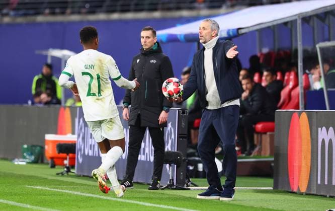 RB Leipzig Sporting Lisbon Champions League Leipzig, 22 01 2025, Red Bull Arena, Football, UEFA Champions League, Matchday 7 , RB Leipzig vs Sporting CP Lisbon , In the picture Geny Catamo 21, Sporting and coach Marco Rose RB Leipzig , For editorial use only , UEFA regulations prohibit any use of photographs as image sequences and or quasi video , Picture Point