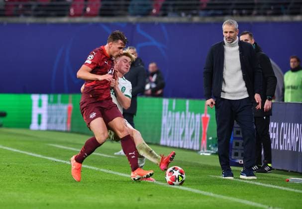 RB Leipzig Sporting Lisbon Champions League Leipzig, 22 01 2025, Red Bull Arena, Football, UEFA Champions League, Matchday 7 , RB Leipzig vs Sporting CP Lisbon , Pictured from left Willi Orban 4, RB Leipzig and Conrad Harder 19, Sporting , For editorial use only Only editorial use , UEFA regulations prohibit any use of photographs as image sequences and or quasi video , Picture Point