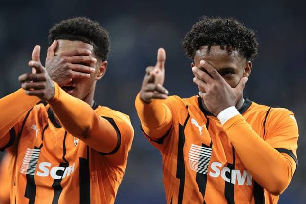 Shakhtar Donetsk players celebrate the 1-0 goal by Kevin Shakhtar Donetsk during the 2024 Champions League season match 25 Shakhtar Donetsk Stade Brest Copyright Thomas Pakusch Copyright: Thomas Pakusch