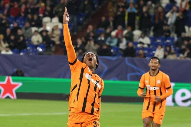 Shakhtar Donetsk players celebrate the 1-0 goal by Kevin Shakhtar Donetsk during the 2024 Champions League season match 25 Shakhtar Donetsk Stade Brest Copyright Thomas Pakusch Copyright: Thomas Pakusch