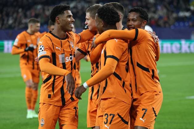 Shakhtar Donetsk players celebrate the 1-0 goal by Kevin Shakhtar Donetsk during the 2024 Champions League season match 25 Shakhtar Donetsk Stade Brest Copyright Thomas Pakusch Copyright: Thomas Pakusch