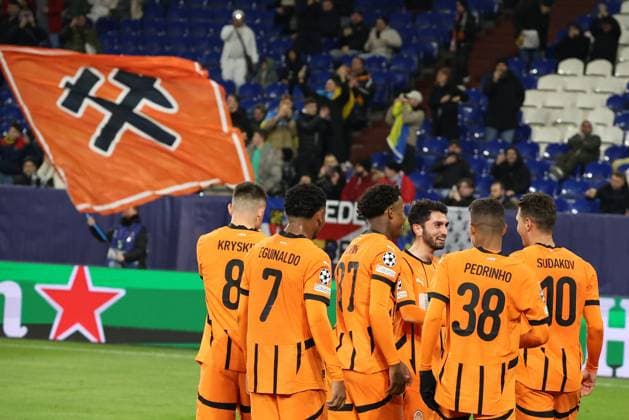Shakhtar Donetsk players celebrate the 2-0 goal by Georgiy Sudakov Shakhtar Donetsk during the 2024 Champions League season match 25 Shakhtar Donetsk Stade Brest Copyright Thomas Pakusch Copyright: Thomas Pakusch