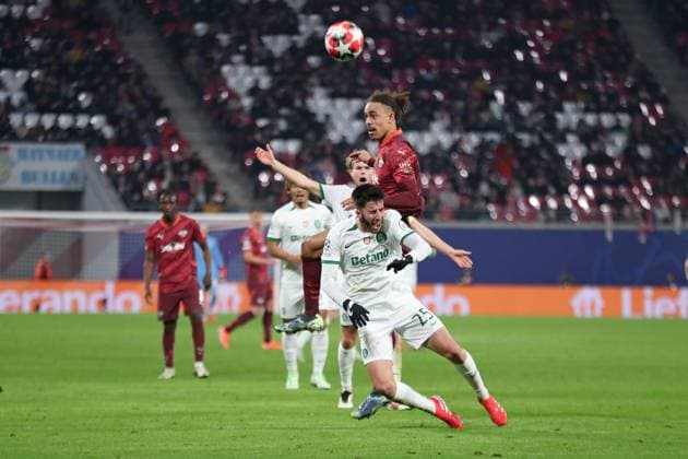 UEFA Champions League RB Leipzig vs Sporting Lisbon, 22 01 25 Yussuf Poulsen 9, RB Leipzig rams Goncalo Inacio 25, Sporting Lisbon to the ground Football, UEFA Champions League, 2024 2025 season RB Leipzig vs Sporting Lisbon on 22 01 25 at Red Bull Arena, Leipzig Copyright: xBEAUTIFULxSPORTS JanxKaeferx