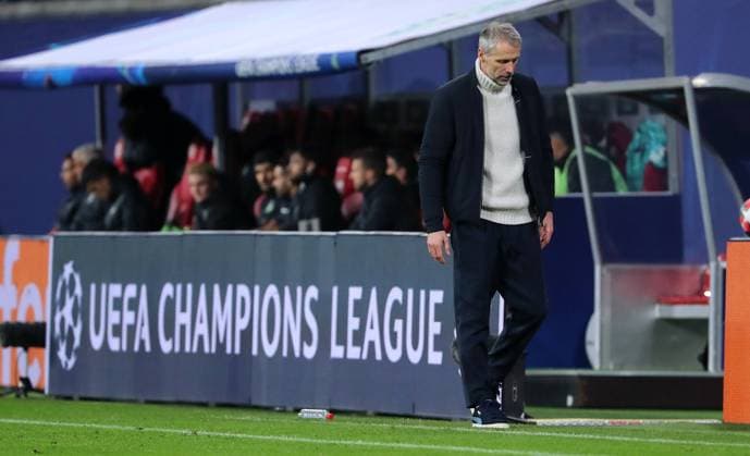 Coach Marco Rose disappointed next to CL logo lettering Disappointment Sport Football Soccer UEFA Champions League UCL Men 7 Matchday Season 2024 2025 22 01 2025 Rasen Ballsport RB Leipzig RBL vs Sporting Lisbon DFL regulations prohibit any use of photographs as image sequences and or quasi video