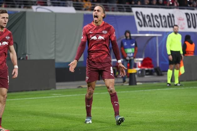 22 01 2025, xtgx, Soccer, UEFA Champions League, RB Leipzig Sporting Lisbon emspor, v l cheering after the 2 1 by Yussuf Poulsen Leipzig, 9 DFL DFB REGULATIONS PROHIBIT ANY USE OF PHOTOGRAPHS as IMAGE SEQUENCES and or QUASI VIDEO Leipzig