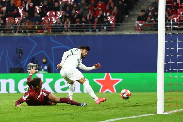 RB Leipzig Sporting Lisbon Champions League Leipzig, 22 01 2025, Red Bull Arena, Football, Men, Season 2024 2025, UEFA Champions League, Matchday 7 , RB Leipzig Sporting Lisbon , In the picture Goal for Leipzig, Yussuf Yurary Poulsen 9, RB Leipzig scores to 2 1 ,