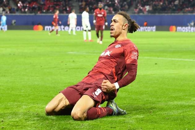 RB Leipzig Sporting Lisbon Champions League Leipzig, 22 01 2025, Red Bull Arena, Football, Men, Season 2024 2025, UEFA Champions League, Matchday 7 , RB Leipzig Sporting Lisbon , In the picture goal celebration after the 2 1, scorer Yussuf Yurary Poulsen 9, RB Leipzig ,