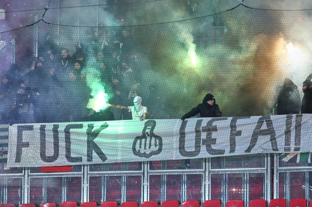 Leipzig, Saxony, Germany, 22 01 2025 Red Bull Arena Champions League RB Leipzig Sporting Lisbon fans protest against Uefa and show a banner Fuck Uefa, masked and equipped with pyrotechnics Copyright: xdtsxNachrichtenagenturx dts_56201