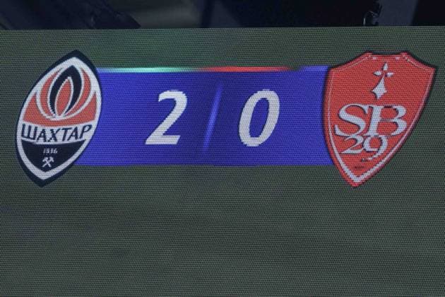 Soccer UEFA Champions League matchday 7 Shakhtar Donetsk Stade Brest on 22 01 2025 at Arena AufSchalke in Gelsenkirchen The scoreboard in the Arena aufSchalke shows the final result Donetsk 2 0 Brest xJRx