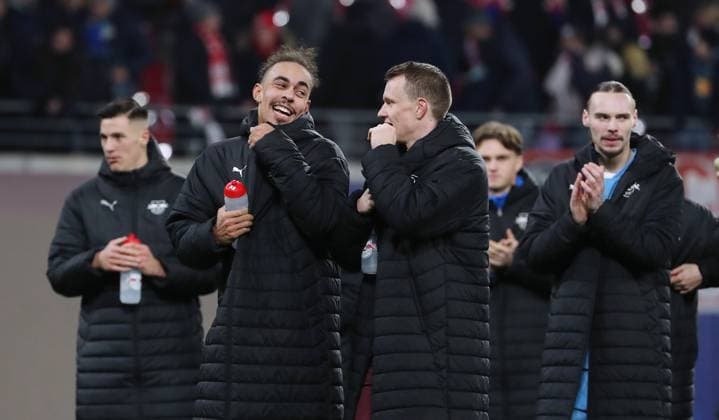 Yussuf Poulsen, Lukas Klostermann after the match in front of the fans Sport Football Soccer UEFA Champions League UCL Men 7 Matchday Season 2024 2025 22 01 2025 Rasen Ballsport RB Leipzig RBL vs Sporting Lisbon DFL regulations prohibit any use of photographs as image sequences and or quasi video