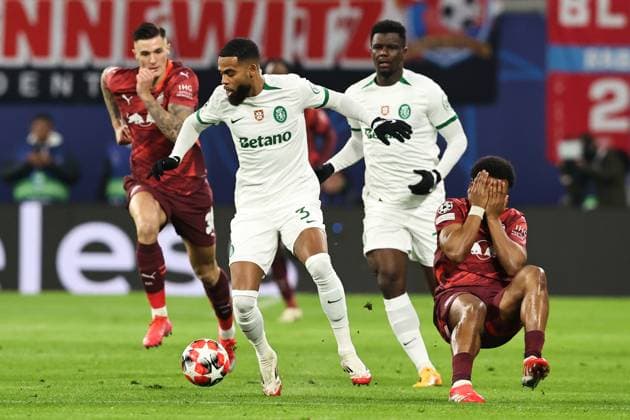 Lois Openda RB Leipzig,11 vs Jerry St Juste Sporting Lisbon,3 Champions League League Phase Season 2024 2025 RB Leipzig vs Sporting Lisbon at the Red Bull Arena in Leipzig Action,Football,Germany,Man,Men,22 01 2025