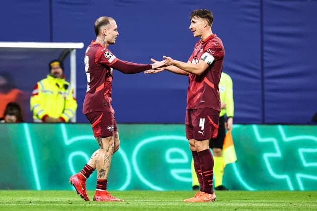 Goal celebration Goal scorer David Raum RB Leipzig,22 scores to 2 0, the goal is not given Here with Willi Orban RB Leipzig,4 Champions League league phase season 2024 2025 RB Leipzig vs Sporting Lisbon at the Red Bull Arena in Leipzig Action,Football,Germany,Man,Men,22 01 2025