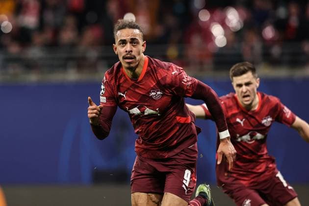 Goal celebration goalscorer Yussuf Poulsen RB Leipzig,9 scores to 2 1 Champions League league phase season 2024 2025 RB Leipzig vs Sporting Lisbon at the Red Bull Arena in Leipzig action,football,Germany,man,men,22 01 2025