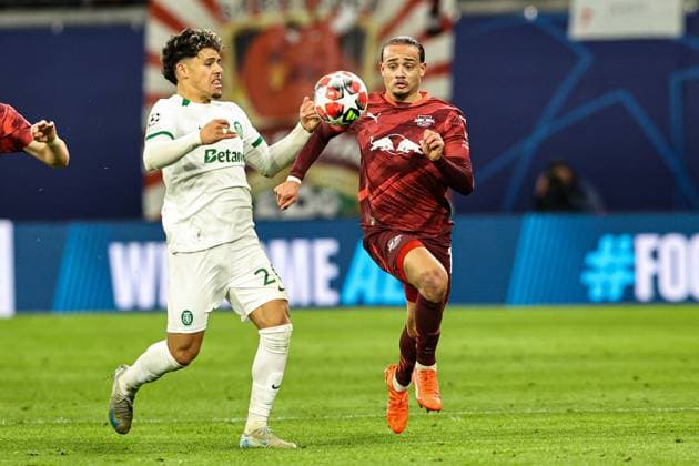 Xavi Simons RB Leipzig,10 vs Maxi Araujo Sporting Lisbon,20 Champions League league phase season 2024 2025 RB Leipzig vs Sporting Lisbon at the Red Bull Arena in Leipzig Action,Football,Germany,Man,Men,22 01 2025