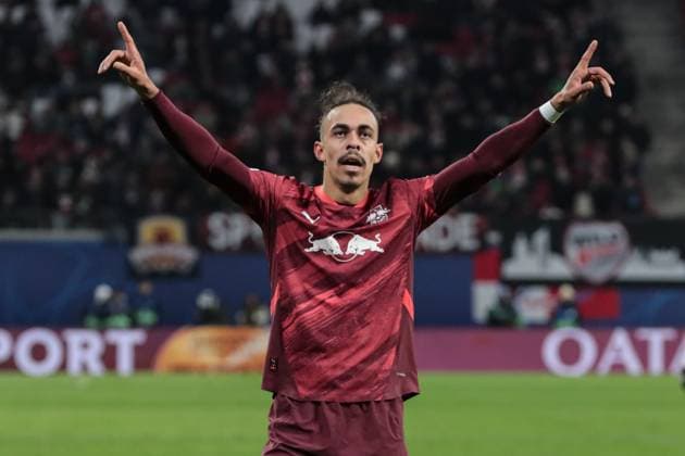 Goal celebration goalscorer Yussuf Poulsen RB Leipzig,9 scores to 2 1 Champions League league phase season 2024 2025 RB Leipzig vs Sporting Lisbon at the Red Bull Arena in Leipzig action,football,Germany,man,men,22 01 2025