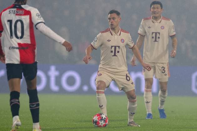 2025-01-22 Feyenoord v FC Bayern Munchen - Champions League - League phase - Matchday 7 ROTTERDAM, NETHERLANDS - JANUARY 22: Joshua Kimmich of Bayern Munchen is challenged by Calvin Stengs of Feyenoord during the Champions League - League phase - Matchday 7 match between Feyenoord and FC Bayern Munchen at Stadion Feijenoord on January 22, 2025 in Rotterdam, Netherlands. Rotterdam Stadion Feijenoord Netherlands Content not available for redistribution in The Netherlands directly or indirectly through any third parties. Copyright: xHansxvanxderxValkx