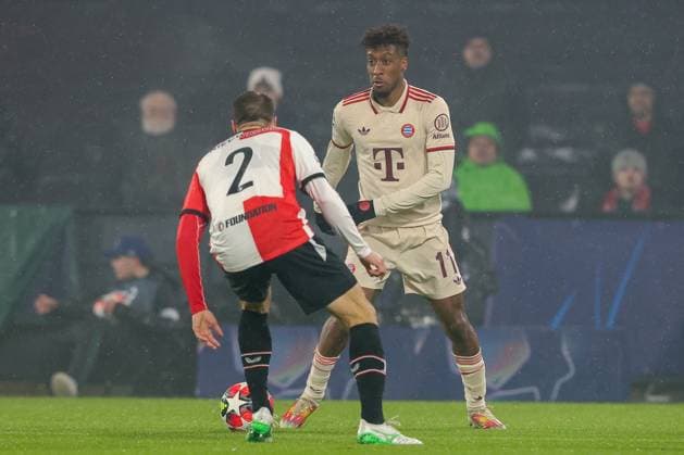 2025-01-22 Feyenoord v FC Bayern Munchen - Champions League - League phase - Matchday 7 ROTTERDAM, NETHERLANDS - JANUARY 22: Kingsley Coman of Bayern Munchen is challenged by Bart Nieuwkoop of Feyenoord during the Champions League - League phase - Matchday 7 match between Feyenoord and FC Bayern Munchen at Stadion Feijenoord on January 22, 2025 in Rotterdam, Netherlands. Rotterdam Stadion Feijenoord Netherlands Content not available for redistribution in The Netherlands directly or indirectly through any third parties. Copyright: xHansxvanxderxValkx