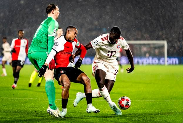 SC Bayern Munchen goalkeeper Manuel Neuer, Feyenoord Rotterdam forwarder Igor Paixao, SC Bayern Munchen defender Dayot Upamecano during the match Feyenoord Bayern Munchen at the Stadium De Kuip for the UEFA Champions League League Phase Matchday 7 season 2024 2025 in ROTTERDAM, Netherlands on 22 january 2025, photo by Marcel van Dorst EYE4images DeFodi Images Defodi 746 209840 Defodi-746