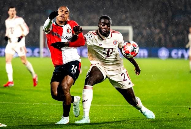 Feyenoord Rotterdam forwarder Igor Paixao, SC Bayern Munchen defender Dayot Upamecano during the match Feyenoord Bayern Munchen at the Stadium De Kuip for the UEFA Champions League Phase Matchday 7 season 2024 2025 in ROTTERDAM, Netherlands on 22 january 2025, photo by Marcel van Dorst EYE4images DeFodi Images Defodi 746 209841 Defodi-746