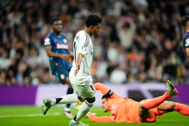 Real Madrid C.F. v FC Salzburg - UEFA Champions League 2024 25 League Phase MD7 Rodrygo Goes right winger of Real Madrid and Brazil celebrates after scoring his sides first goal during the UEFA Champions League 2024 25 League Phase MD7 match between Real Madrid C.F. and FC Salzburg at Estadio Santiago Bernabeu on January 22, 2025 in Madrid, Spain. Madrid Spain  Copyright: xJosexBretonx originalFilename:bretonhernandez-realmadr250122_npIEp.jpg