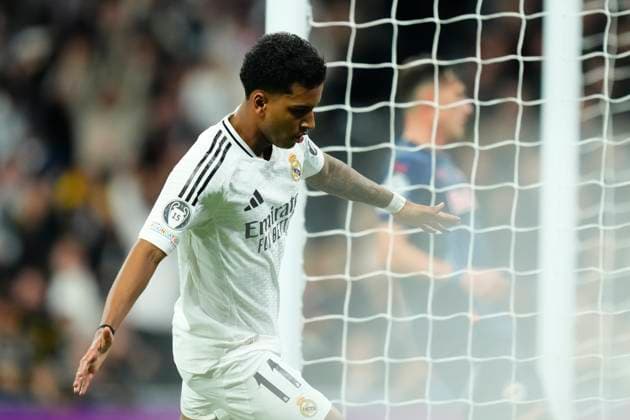 Real Madrid C.F. v FC Salzburg - UEFA Champions League 2024 25 League Phase MD7 Rodrygo Goes right winger of Real Madrid and Brazil celebrates after scoring his sides first goal during the UEFA Champions League 2024 25 League Phase MD7 match between Real Madrid C.F. and FC Salzburg at Estadio Santiago Bernabeu on January 22, 2025 in Madrid, Spain. Madrid Spain  Copyright: xJosexBretonx originalFilename:bretonhernandez-realmadr250122_npGaQ.jpg