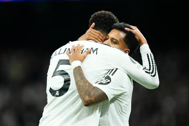 Real Madrid C.F. v FC Salzburg - UEFA Champions League 2024 25 League Phase MD7 Rodrygo Goes right winger of Real Madrid and Brazil celebrates after scoring his sides first goal during the UEFA Champions League 2024 25 League Phase MD7 match between Real Madrid C.F. and FC Salzburg at Estadio Santiago Bernabeu on January 22, 2025 in Madrid, Spain. Madrid Spain  Copyright: xJosexBretonx originalFilename:bretonhernandez-realmadr250122_npYqO.jpg