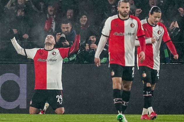 ROTTERDAM, 22-01-2025, Stadium Feijenoord de Kuip, season 2024 2025 , Uefa Champions League. Match between Feyenoord - Bayern Munchen Feyenoord player Santiago GimÅ½nez celebrates 1-0 Feyenoord - Bayern Munchen  x27513947x Copyright: