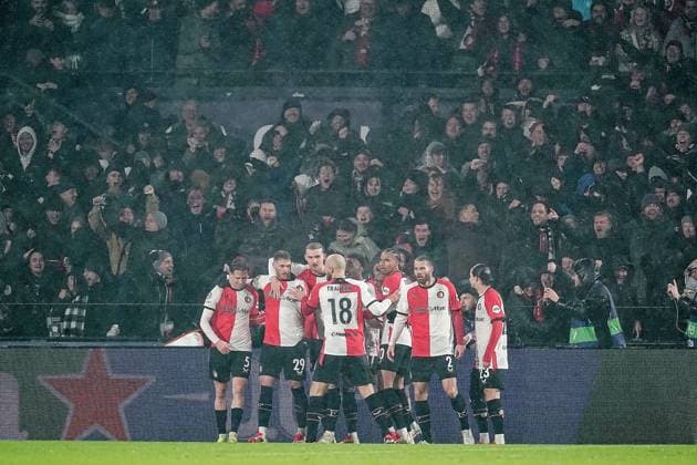 ROTTERDAM, 22-01-2025, Stadium Feijenoord de Kuip, season 2024 2025 , Uefa Champions League. Match between Feyenoord - Bayern Munchen Feyenoord players celebrate 1-0 Feyenoord - Bayern Munchen  x27513967x Copyright: