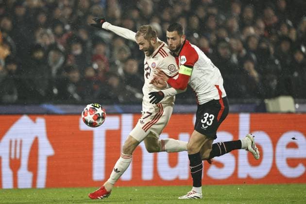 ROTTERDAM - (l-r) Konrad Laimer of Bayern Munich, David Hancko of Feyenoord during the UEFA Champions League match between Feyenoord and FC Bayern Munich at Feyenoord Stadium de Kuip on Jan. 22, 2025 in Rotterdam, Netherlands. ANP MAURICE VAN STEEN UEFA Champions League 2024 25 League phase 7 2024 25 xVIxANPxSportx xxANPxIVx 518098959 originalFilename: 518098959.jpg