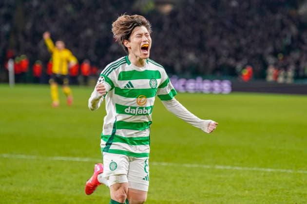Football UEFA Champions League 2024 2025, Matchday 7 Celtic Glasgow vs Young Boys Bern YB Celtic Park Glasgow, Scotland Goal and goal celebration by Kyogo Furuhashi Celtic Glasgow, 8 goals was not given by however Copyright: xJOERANxSTEINSIEKx