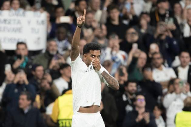UEFA champions league - Real Madrid vs FC Red Bull Salzburg MADRID, SPAIN - January 22: Rodrygo Goes of Real Madrid celebrates a goal during the UEFA champions league 2024 25 match between Real Madrid and FC Red Bull Salzburg at Santiago Bernabeu Stadium. (Photo by Guillermo Martinez) Madrid Santiago Bernabeu Stadium Spain Copyright: xGuillermoxMartinezx
