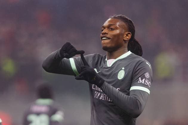 Rafael Leao seen celebrating after scoring goal during UEFA Champions League game between teams of AC Milan and Girona FC (Maciej Rogowski) Milan San Siro Italy Copyright: xMaciejxRogowskix acmgir2425-5