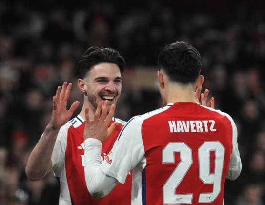 Football - 2024 2025 UEFA Champions League - League Stage - Matchday 7 of 8 - Arsenal vs Dynamo Zagreb - Emirates Stadium - Wednesday 22nd January 2025 Declan Rice of Arsenal celebrates scoring his early goal with Kai Havertz COLORSPORT Andrew Cowie 
