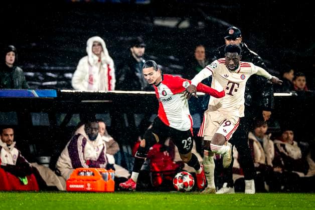 Feyenoord Rotterdam forwarder Anis Hadj Moussa, SC Bayern Munchen defender Alphonso Davies during the match Feyenoord Bayern Munchen at the Stadium De Kuip for the UEFA Champions League Phase Matchday 7 season 2024 2025 in ROTTERDAM, Netherlands on 22 january 2025, photo by Marcel van Dorst EYE4images DeFodi Images Defodi 746 209869 Defodi-746