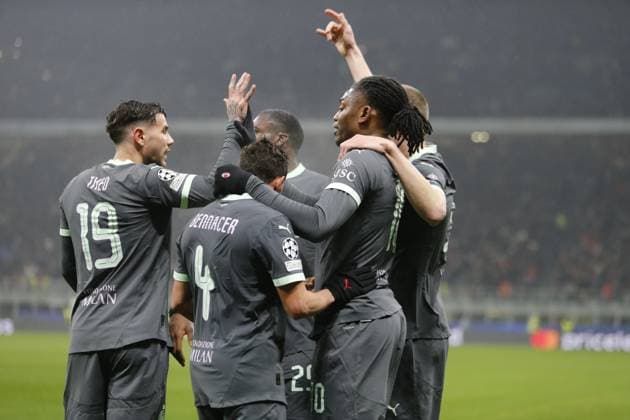 Rafel Leao of AC Milan celebrating with team mates after scoring a goal during the Uefa Champions League, 2024 25 season, football match between AC Milan and Girona FC on 22 January 2025 at Giuseppe Meazza Stadium, San Siro, Milan, Italy. Photo Nderim Kaceli  Copyright: xNderimxKaceli IPAxSportx xipa-agency.netx xx IPA_53226538 IPA_Agency_IPA53226538