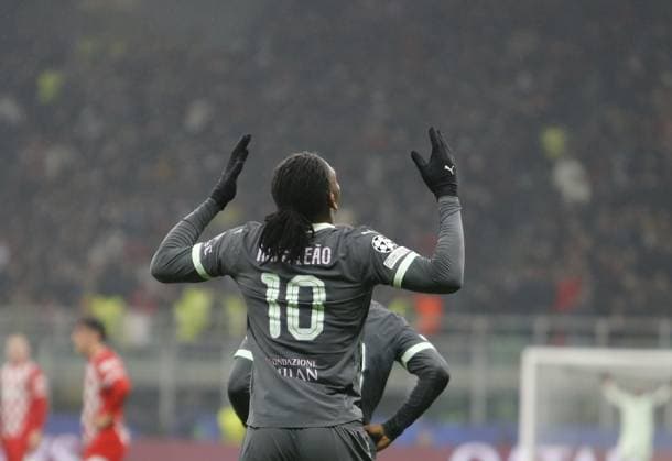 Rafel Leao of AC Milan celebrating after scoring a goal during the Uefa Champions League, 2024 25 season, football match between AC Milan and Girona FC on 22 January 2025 at Giuseppe Meazza Stadium, San Siro, Milan, Italy. Photo Nderim Kaceli  Copyright: xNderimxKaceli IPAxSportx xipa-agency.netx xx IPA_53226544 IPA_Agency_IPA53226544